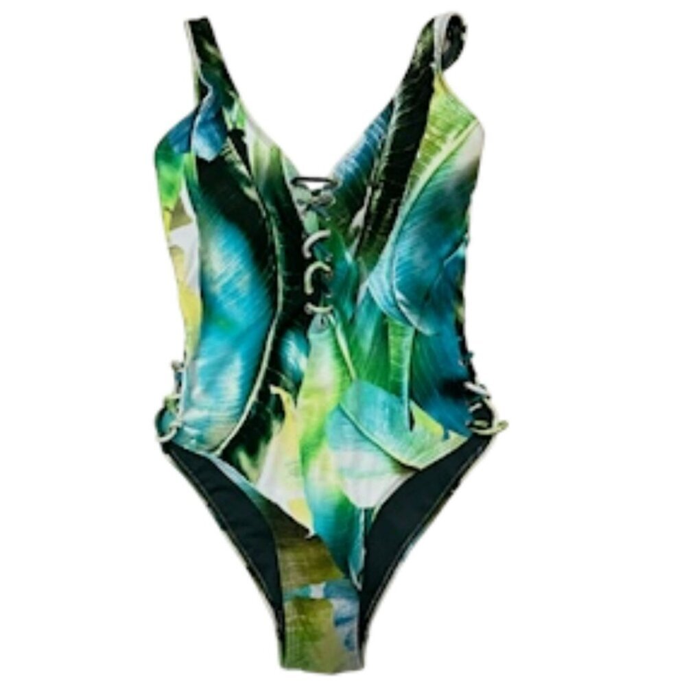 TiniBikini Tropical Lace-Up Plunge One-Piece Swimsuit Size M  NWT